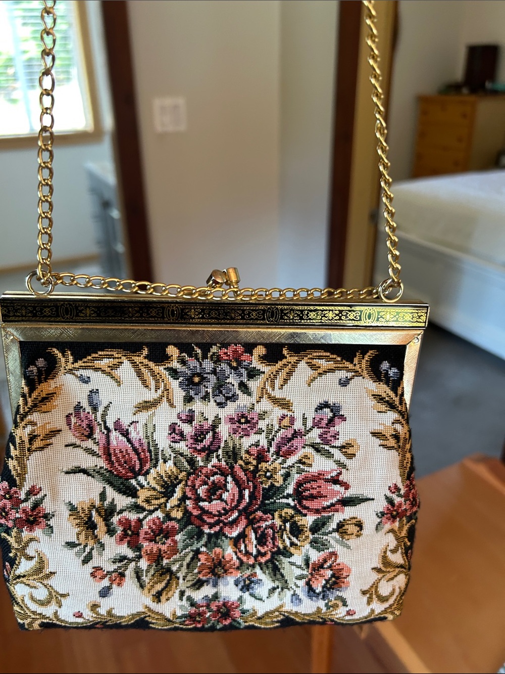 Floral Tapestry Clutch with Gold-Tone Frame in Pink and Green